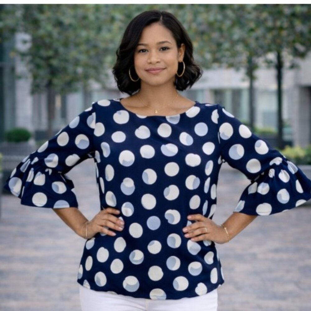 Ann Taylor Navy White Polka Dot Ruffle Sleeve Straight Office Blouse Size XL